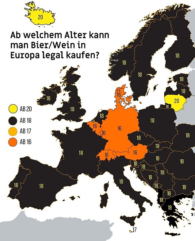 Europakarte: Ab welchem Alter kann man Bier/Wein in Europa legal kaufen?